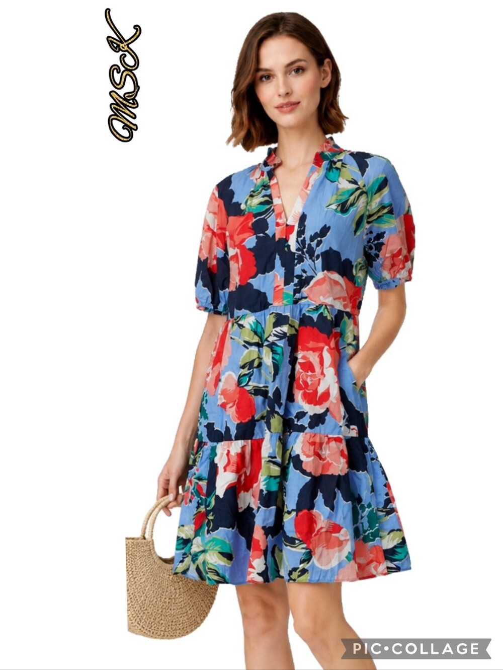MSK Navy and Sky Blue Floral Tiered Shorter Dress with Red/Coral/Pink Blooms